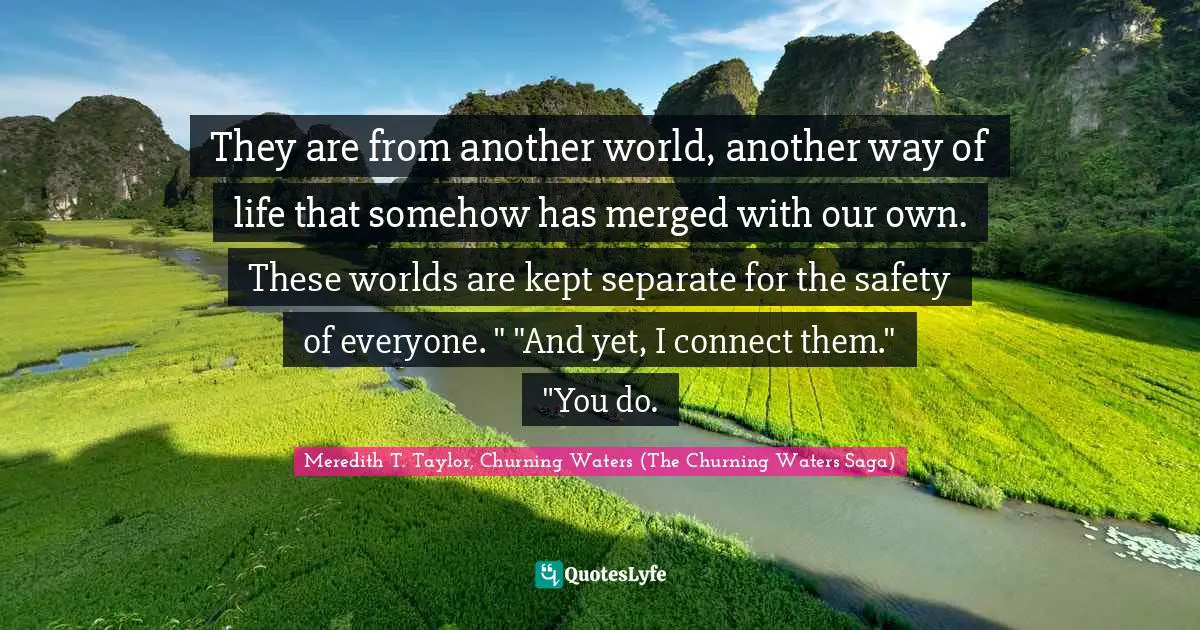 They are from another world, another way of life that somehow has merged with our own. These worlds are kept separate for the safety of everyone. " "And yet, I connect them." "You do.