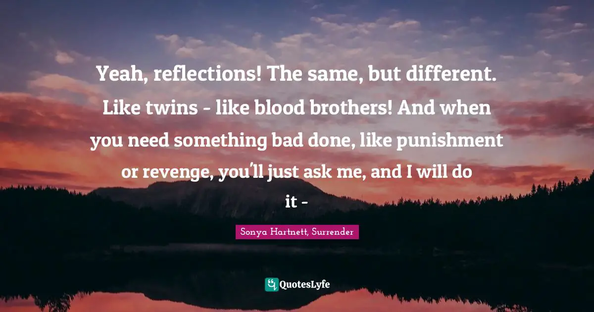 Yeah, reflections! The same, but different. Like twins - like blood brothers! And when you need something bad done, like punishment or revenge, you'll just ask me, and I will do it -