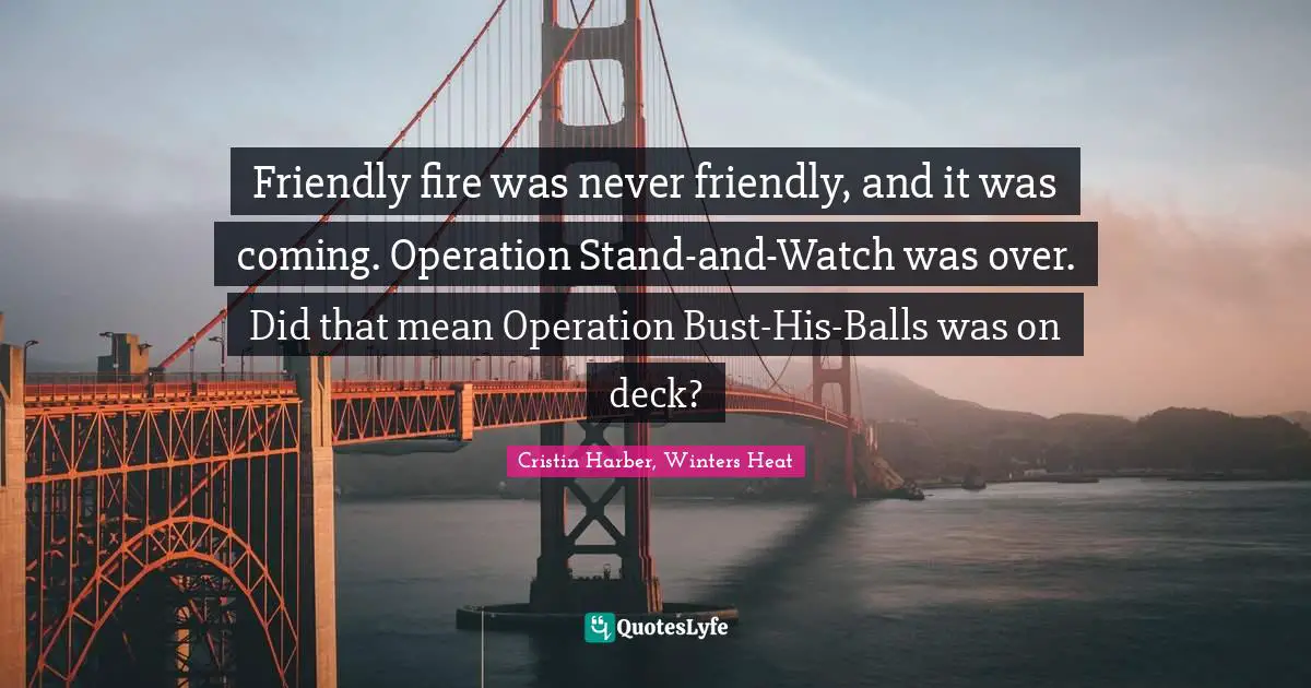 Friendly fire was never friendly, and it was coming. Operation Stand-and-Watch was over. Did that mean Operation Bust-His-Balls was on deck?