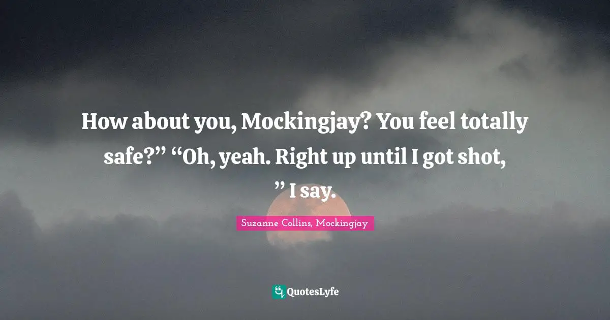 How about you, Mockingjay? You feel totally safe?” “Oh, yeah. Right up until I got shot, ” I say.