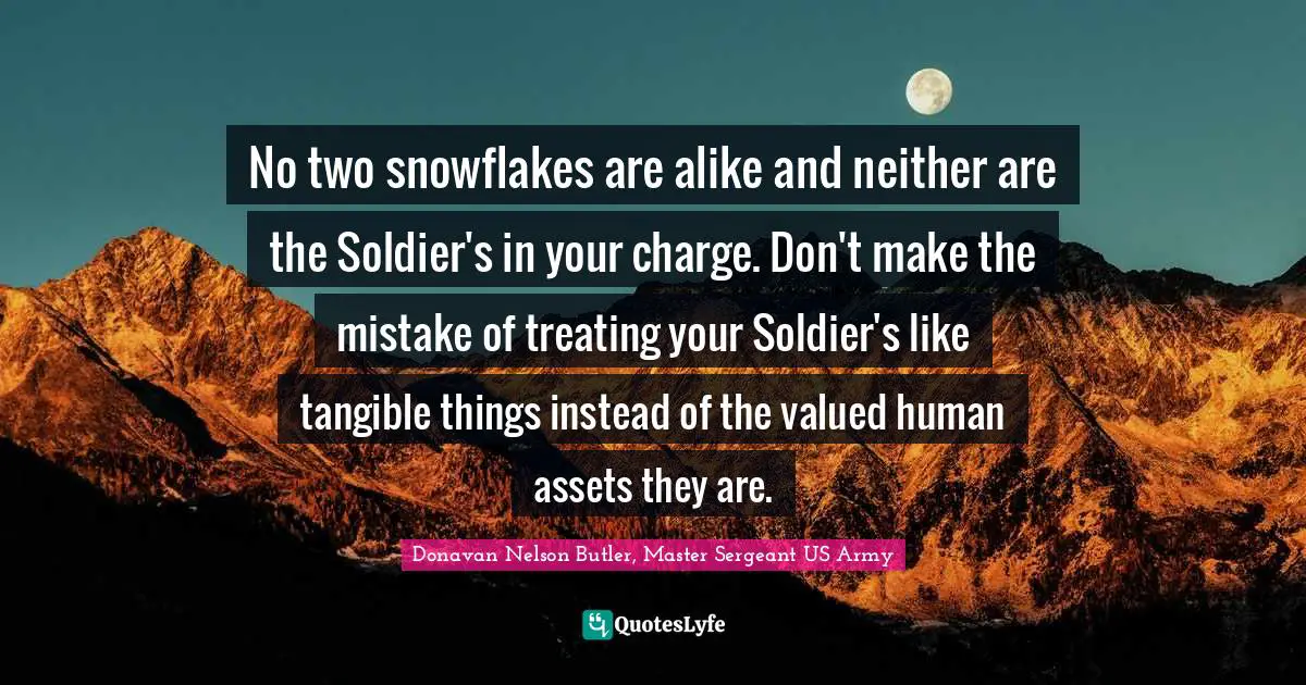 Leadership Development Quotes: "No two snowflakes are alike and neither are the Soldier's in your charge. Don't make the mistake of treating your Soldier's like tangible things instead of the valued human assets they are."