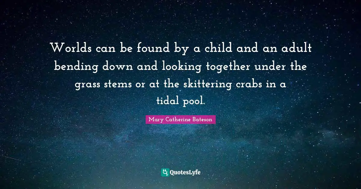Worlds can be found by a child and an adult bending down and looking together under the grass stems or at the skittering crabs in a tidal pool.