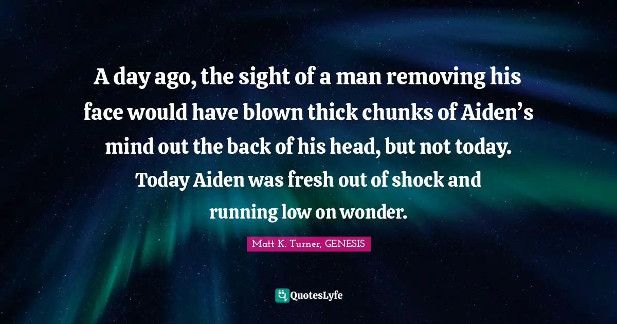 A day ago, the sight of a man removing his face would have blown thick chunks of Aiden’s mind out the back of his head, but not today. Today Aiden was fresh out of shock and running low on wonder.