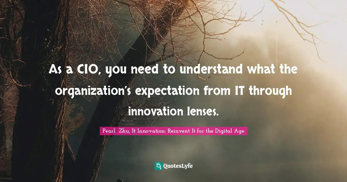 Pearl  Zhu, It Innovation: Reinvent It For The Digital Age Quotes: "As a CIO, you need to understand what the organization’s expectation from IT through innovation lenses."