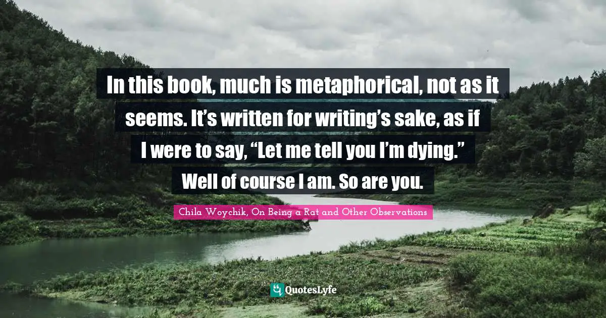 In this book, much is metaphorical, not as it seems. It’s written for writing’s sake, as if I were to say, “Let me tell you I’m dying.” Well of course I am. So are you.