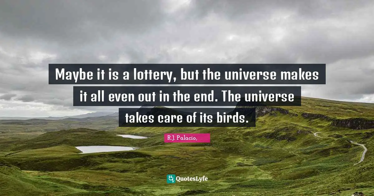 R.J. Palacio Quotes: "Maybe it is a lottery, but the universe makes it all even out in the end. The universe takes care of its birds."