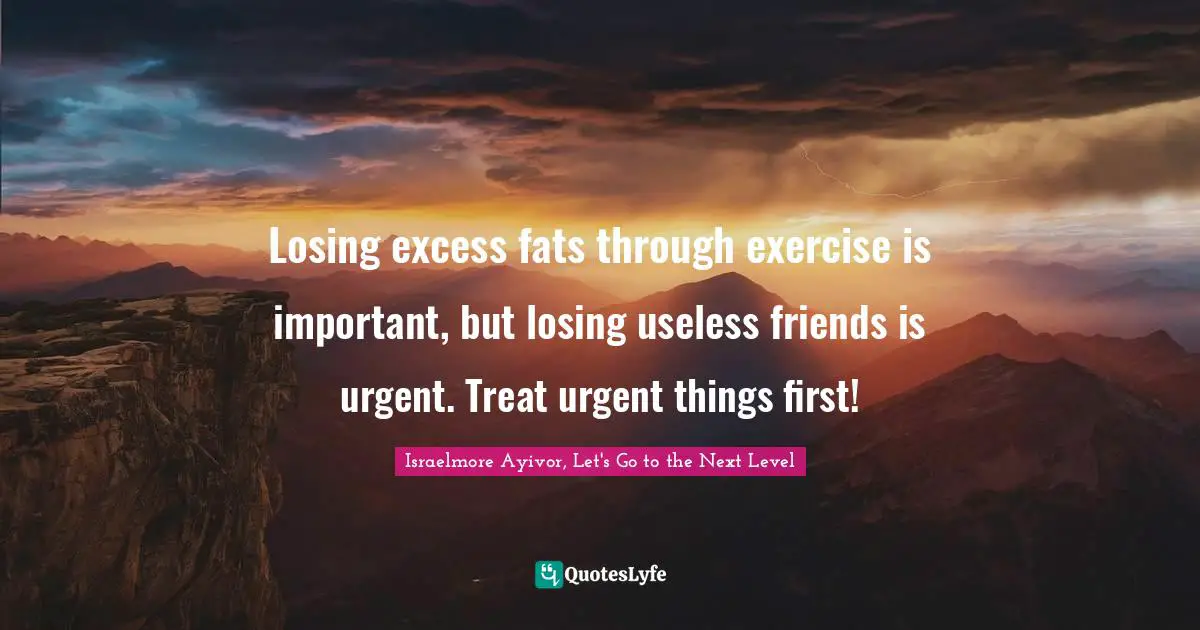 Israelmore Ayivor, Let's Go To The Next Level Quotes: "Losing excess fats through exercise is important, but losing useless friends is urgent. Treat urgent things first!"