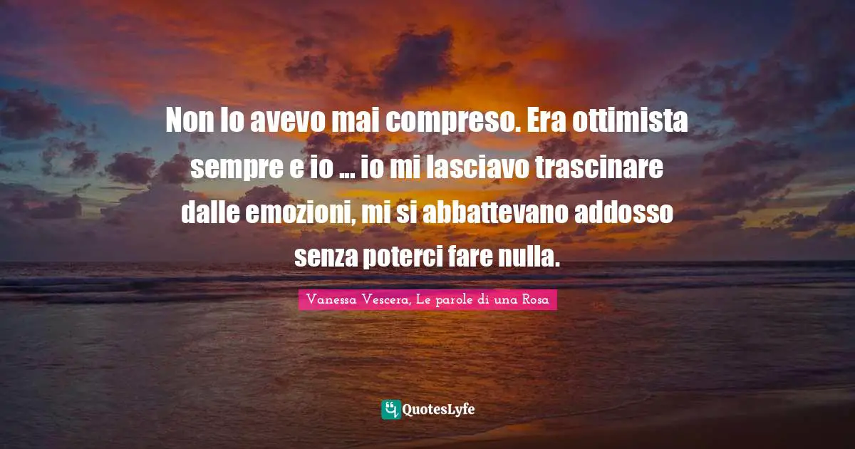 Non lo avevo mai compreso. Era ottimista sempre e io ... io mi lasciavo trascinare dalle emozioni, mi si abbattevano addosso senza poterci fare nulla.