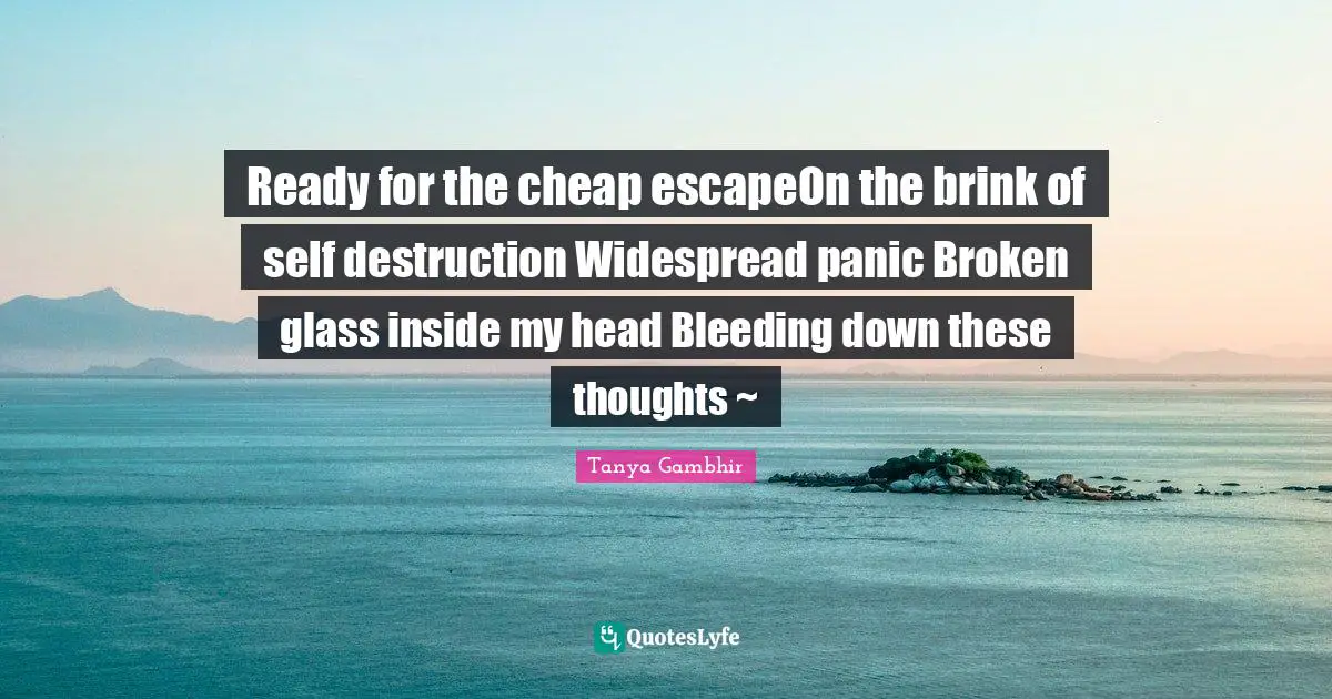 Ready for the cheap escapeOn the brink of self destruction Widespread panic Broken glass inside my head Bleeding down these thoughts ~