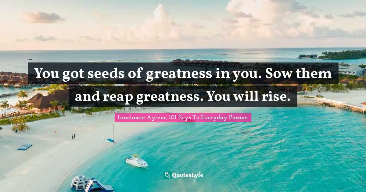 You got seeds of greatness in you. Sow them and reap greatness. You will rise.