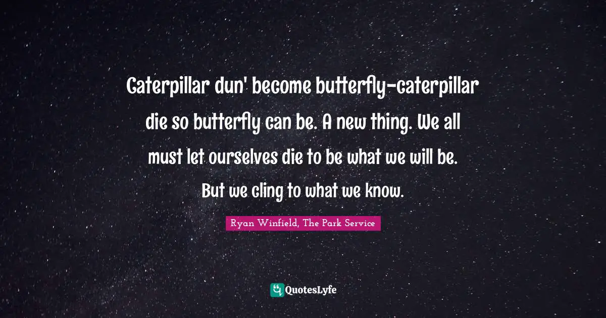 Caterpillar dun' become butterfly-caterpillar die so butterfly can be. A new thing. We all must let ourselves die to be what we will be. But we cling to what we know.