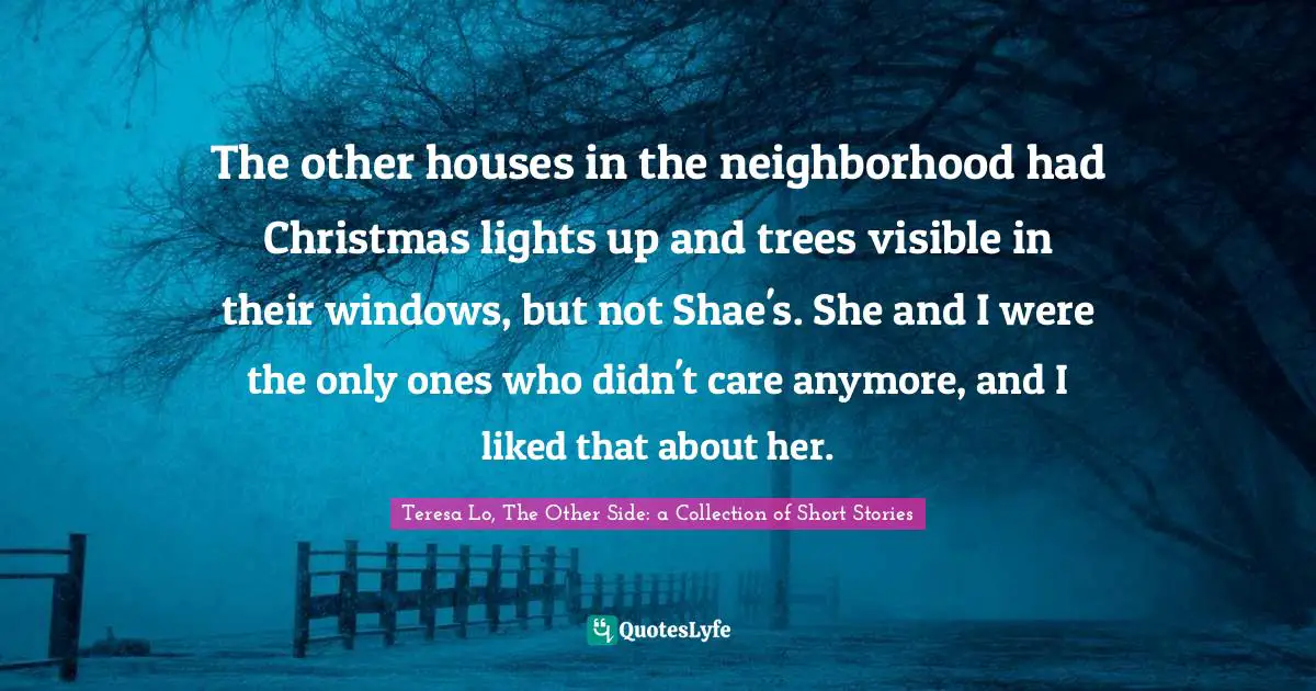 The other houses in the neighborhood had Christmas lights up and trees visible in their windows, but not Shae's. She and I were the only ones who didn't care anymore, and I liked that about her.