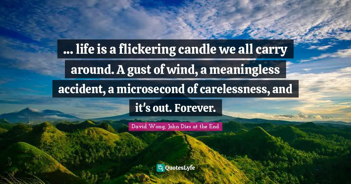 ... life is a flickering candle we all carry around. A gust of wind, a meaningless accident, a microsecond of carelessness, and it's out. Forever.