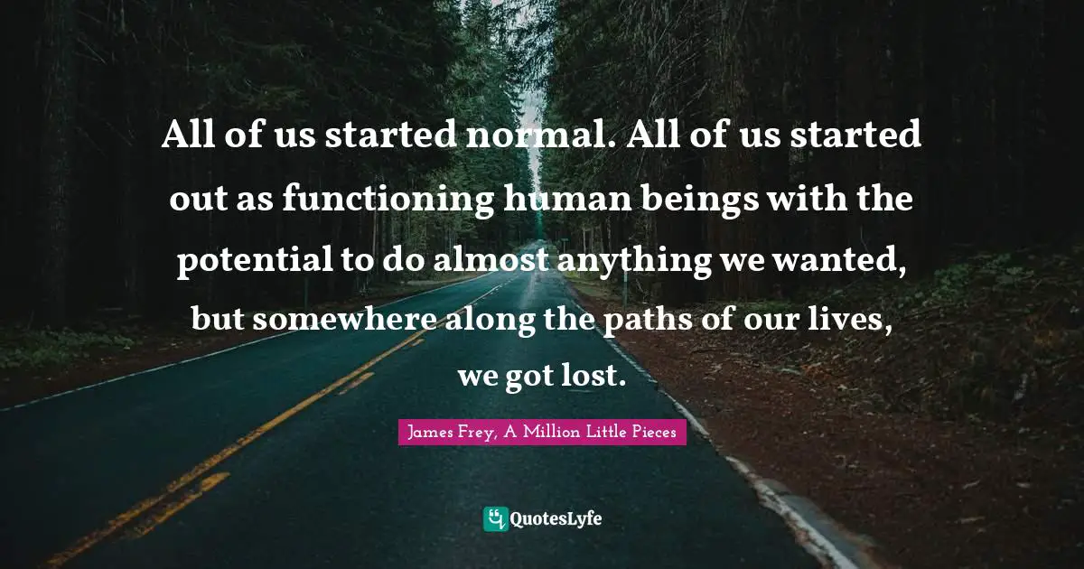 All of us started normal. All of us started out as functioning human beings with the potential to do almost anything we wanted, but somewhere along the paths of our lives, we got lost.