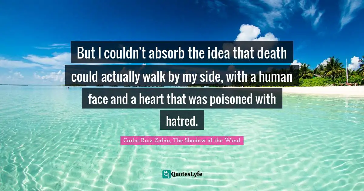 Carlos Ruiz Zafón, The Shadow Of The Wind Quotes: "But I couldn't absorb the idea that death could actually walk by my side, with a human face and a heart that was poisoned with hatred."