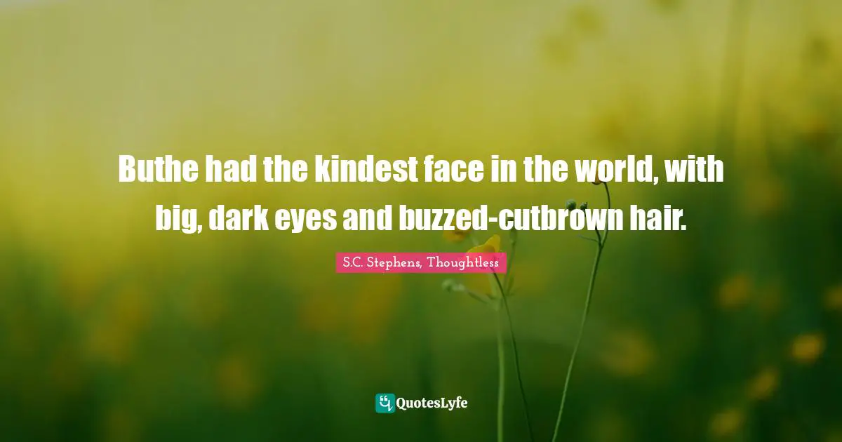 S.C. Stephens, Thoughtless Quotes: "Buthe had the kindest face in the world, with big, dark eyes and buzzed-cutbrown hair."