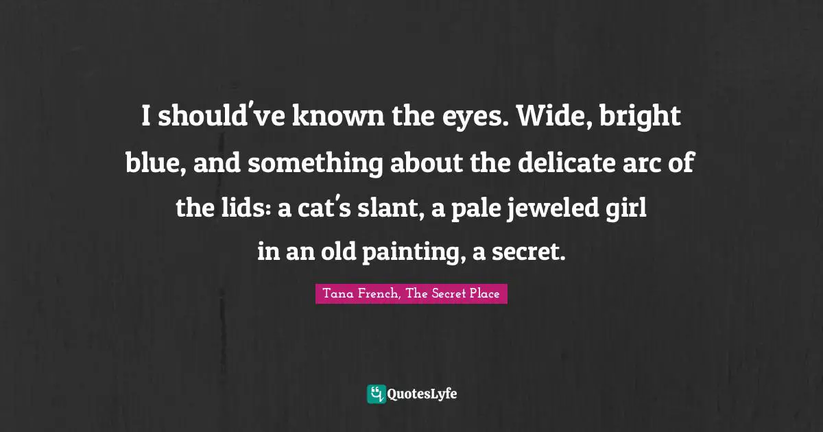 I should've known the eyes. Wide, bright blue, and something about the delicate arc of the lids: a cat's slant, a pale jeweled girl in an old painting, a secret.