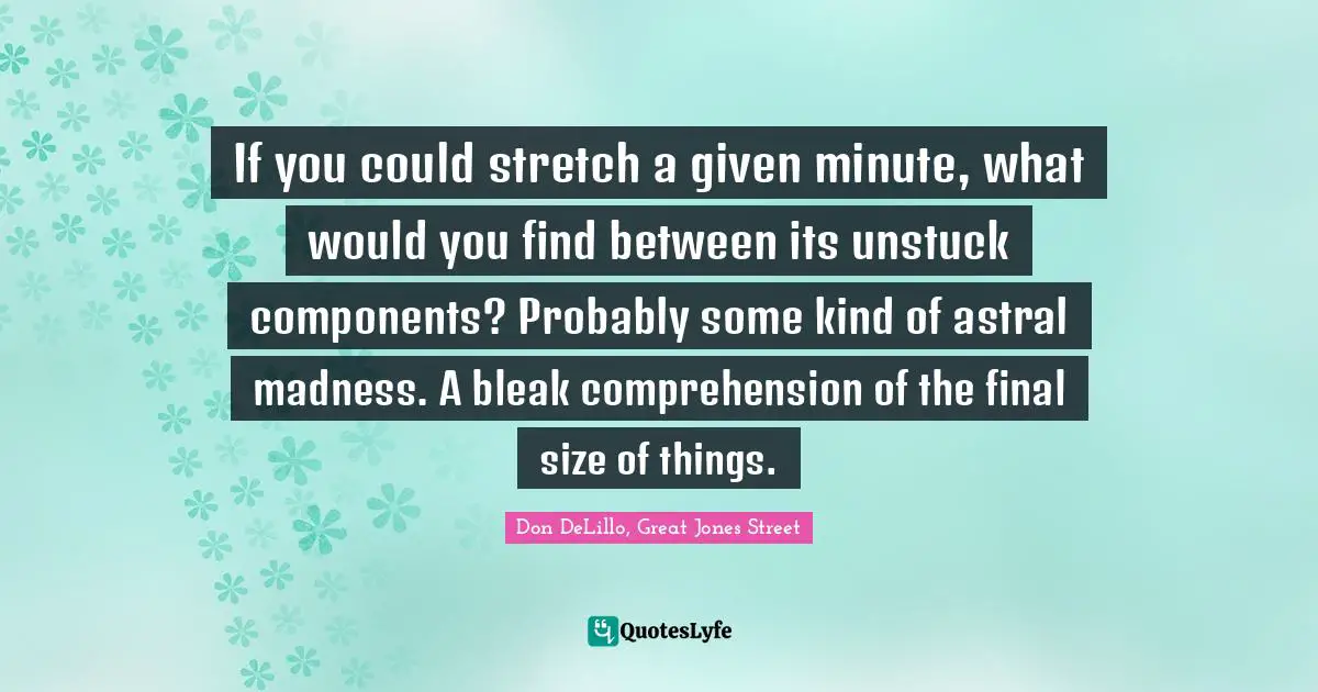 If you could stretch a given minute, what would you find between its unstuck components? Probably some kind of astral madness. A bleak comprehension of the final size of things.