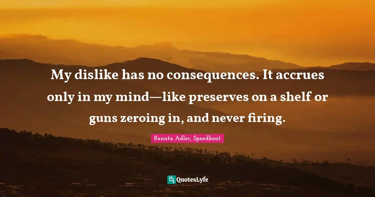 My dislike has no consequences. It accrues only in my mind—like preserves on a shelf or guns zeroing in, and never firing.