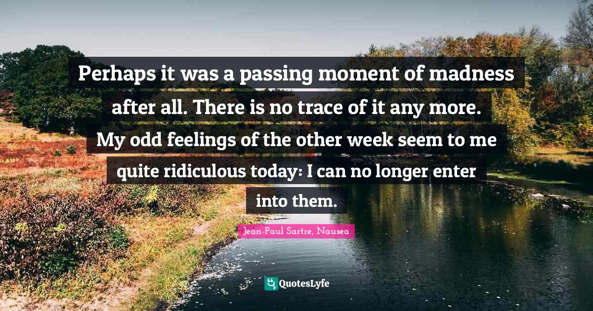 Perhaps it was a passing moment of madness after all. There is no trace of it any more. My odd feelings of the other week seem to me quite ridiculous today: I can no longer enter into them.