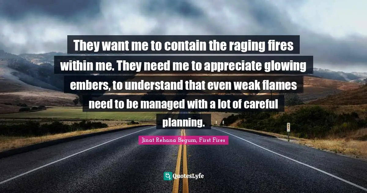 They want me to contain the raging fires within me. They need me to appreciate glowing embers, to understand that even weak flames need to be managed with a lot of careful planning.