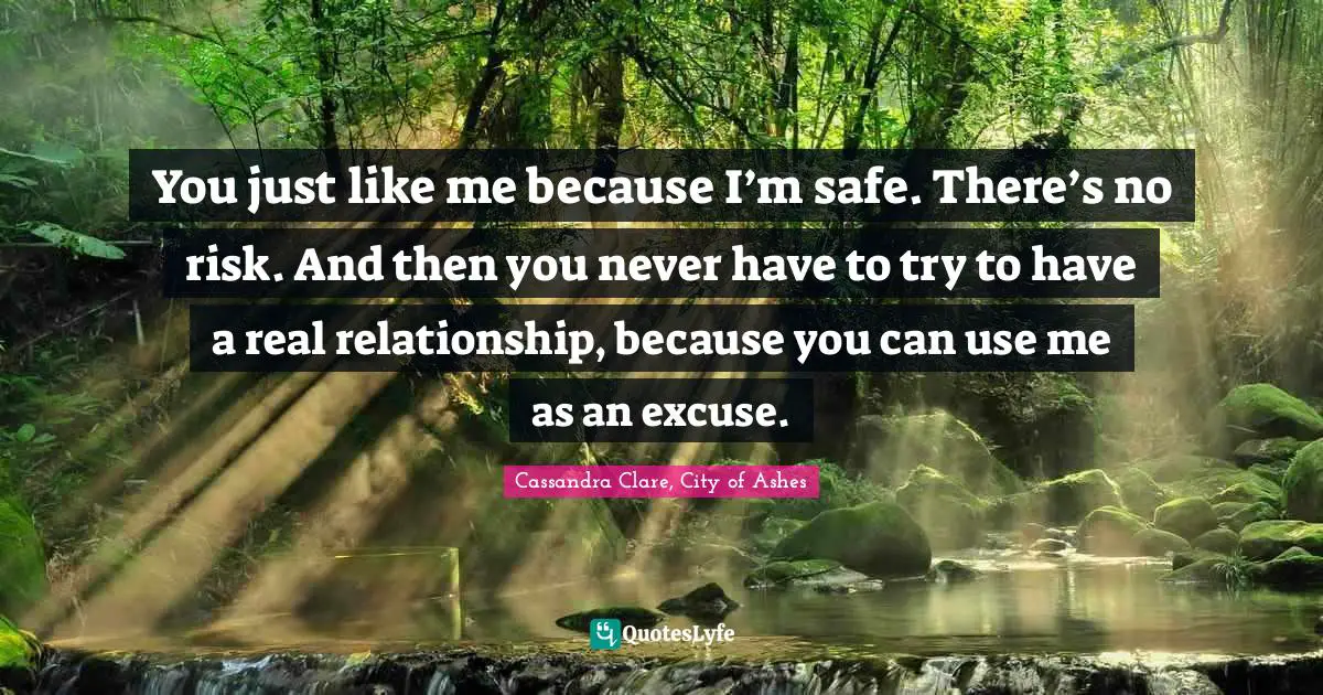 You just like me because I’m safe. There’s no risk. And then you never have to try to have a real relationship, because you can use me as an excuse.