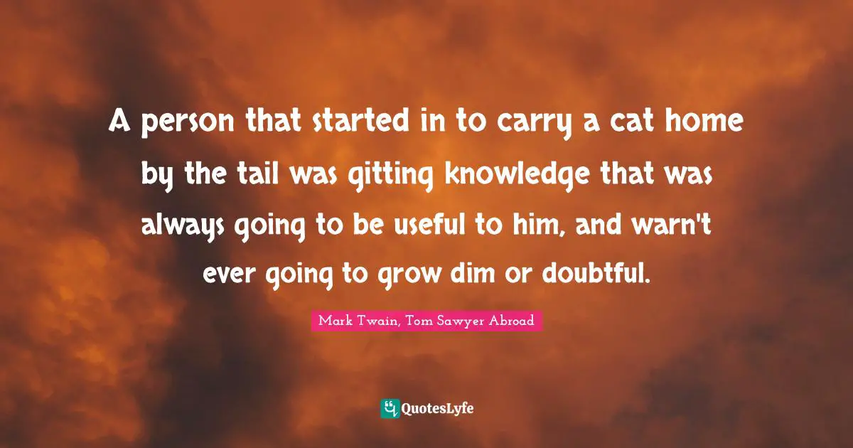 A person that started in to carry a cat home by the tail was gitting knowledge that was always going to be useful to him, and warn't ever going to grow dim or doubtful.