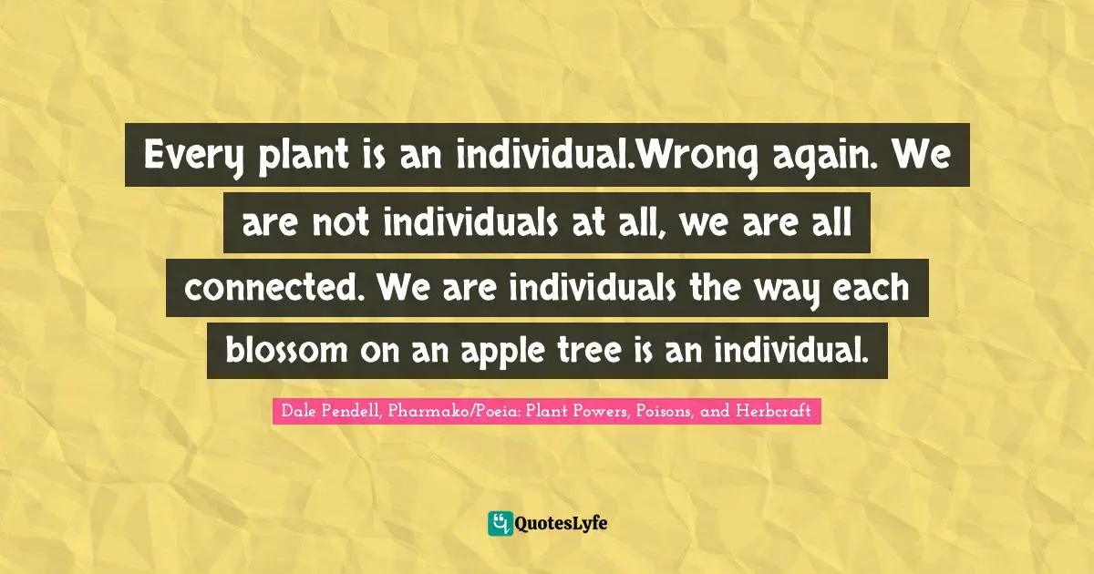 Connectivity Quotes: "Every plant is an individual.Wrong again. We are not individuals at all, we are all connected. We are individuals the way each blossom on an apple tree is an individual."