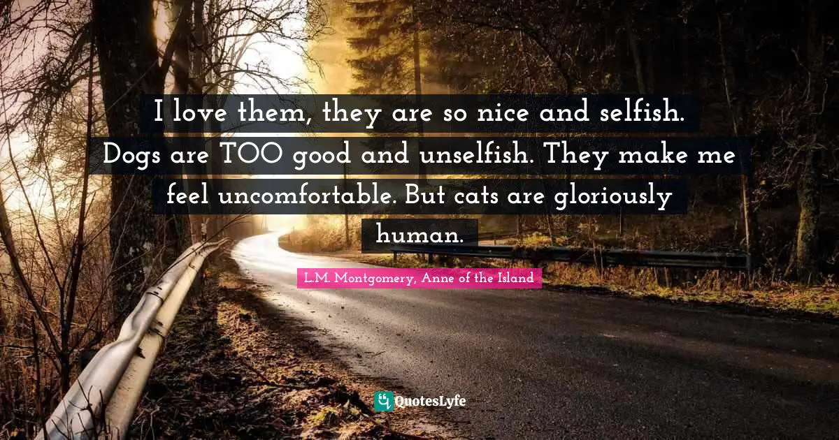 I love them, they are so nice and selfish. Dogs are TOO good and unselfish. They make me feel uncomfortable. But cats are gloriously human.
