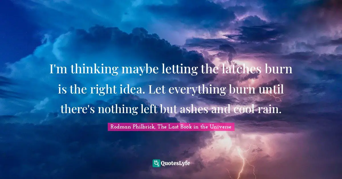 I'm thinking maybe letting the latches burn is the right idea. Let everything burn until there's nothing left but ashes and cool rain.