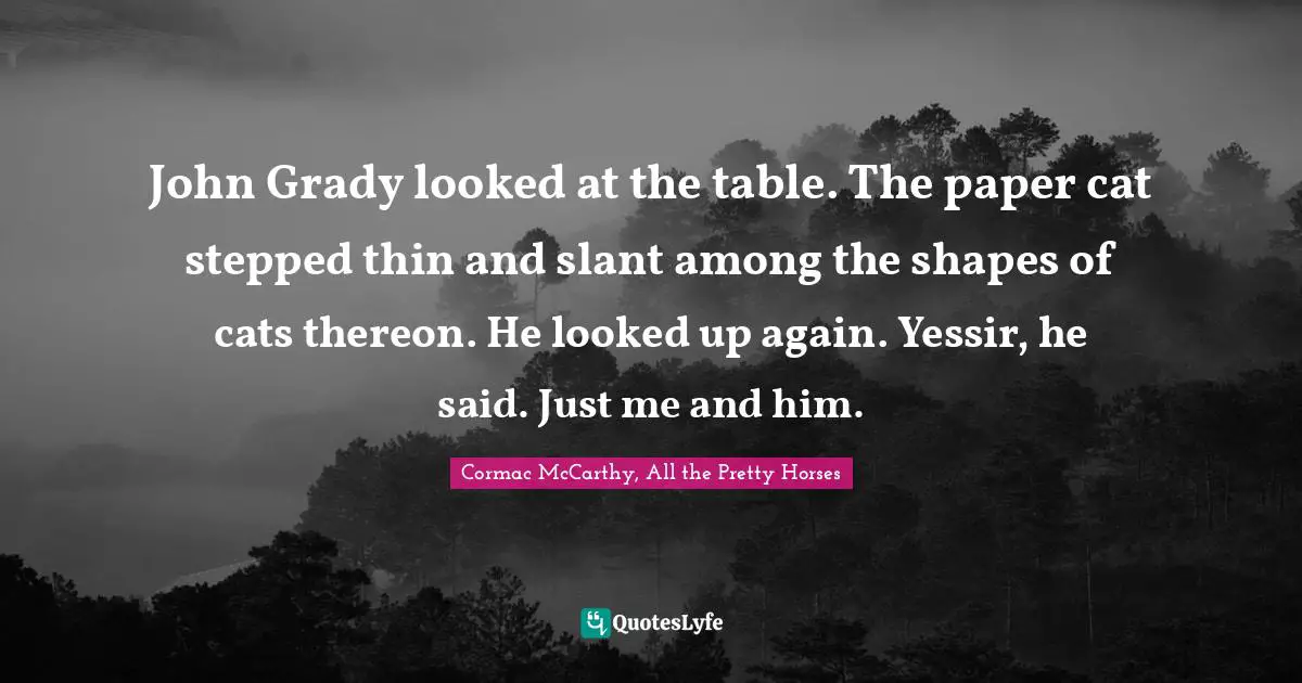 John Grady looked at the table. The paper cat stepped thin and slant among the shapes of cats thereon. He looked up again. Yessir, he said. Just me and him.