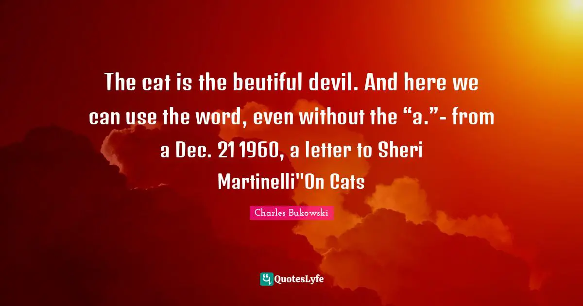 The cat is the beutiful devil. And here we can use the word, even without the “a.”- from a Dec. 21 1960, a letter to Sheri Martinelli"On Cats