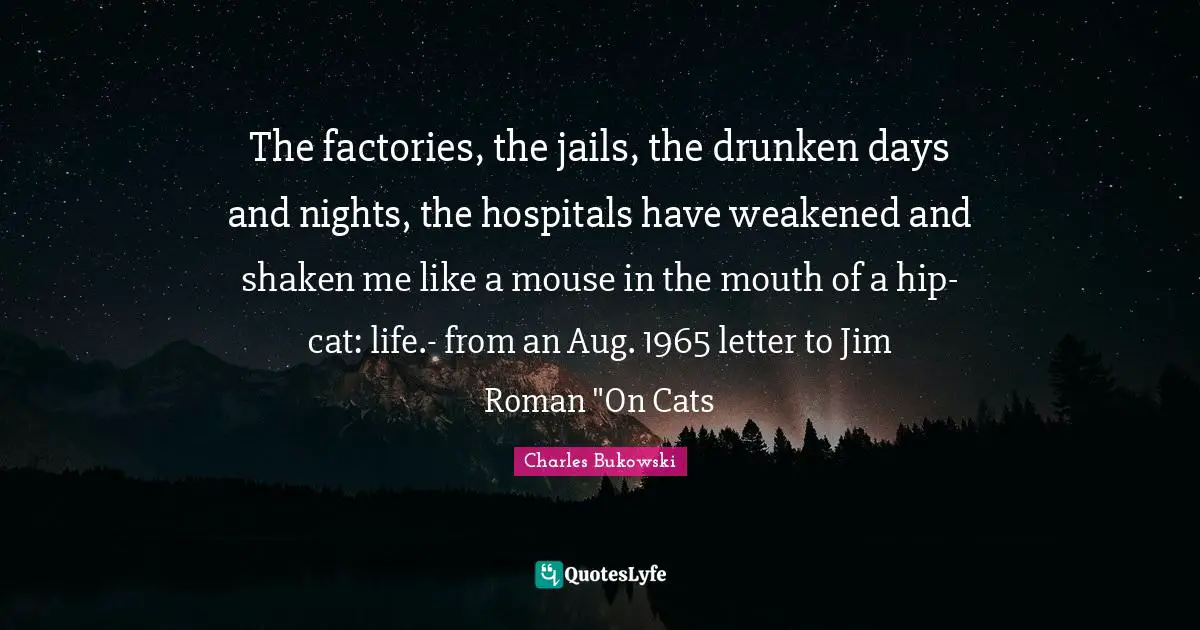 The factories, the jails, the drunken days and nights, the hospitals have weakened and shaken me like a mouse in the mouth of a hip-cat: life.- from an Aug. 1965 letter to Jim Roman "On Cats