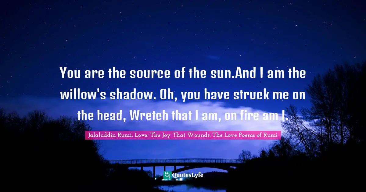 You are the source of the sun.And I am the willow's shadow. Oh, you have struck me on the head, Wretch that I am, on fire am I.