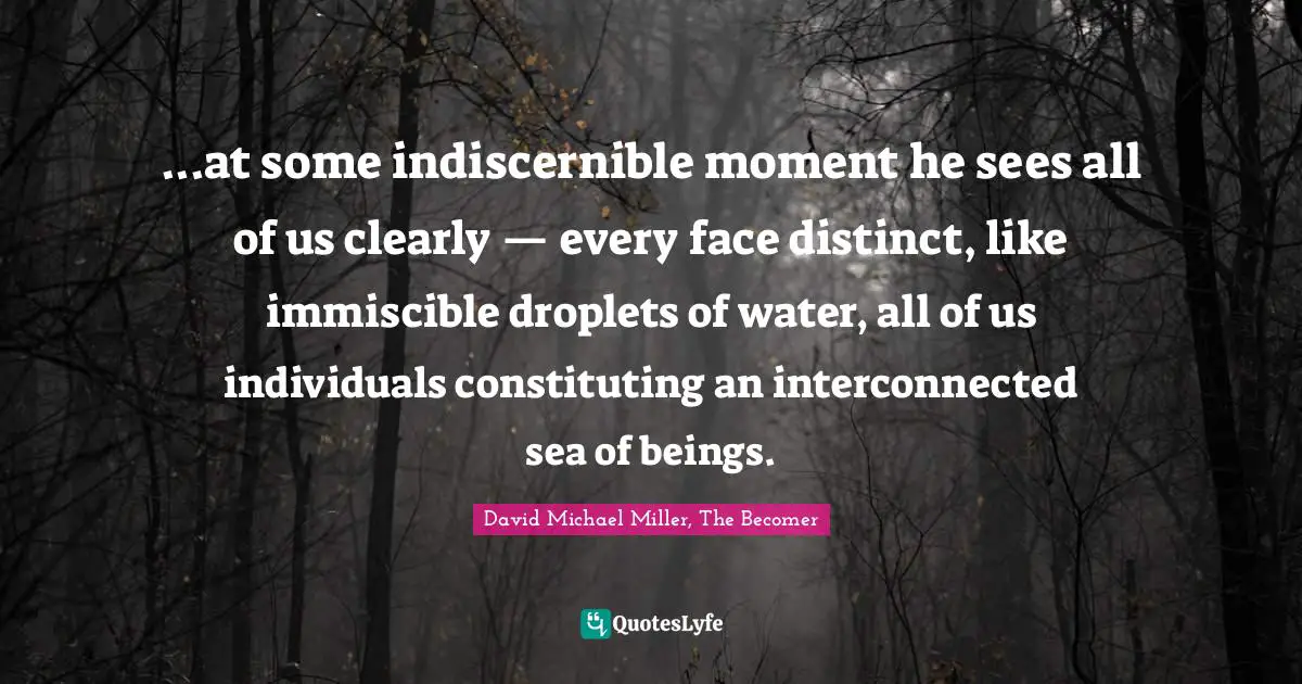 ...at some indiscernible moment he sees all of us clearly — every face distinct, like immiscible droplets of water, all of us individuals constituting an interconnected sea of beings.