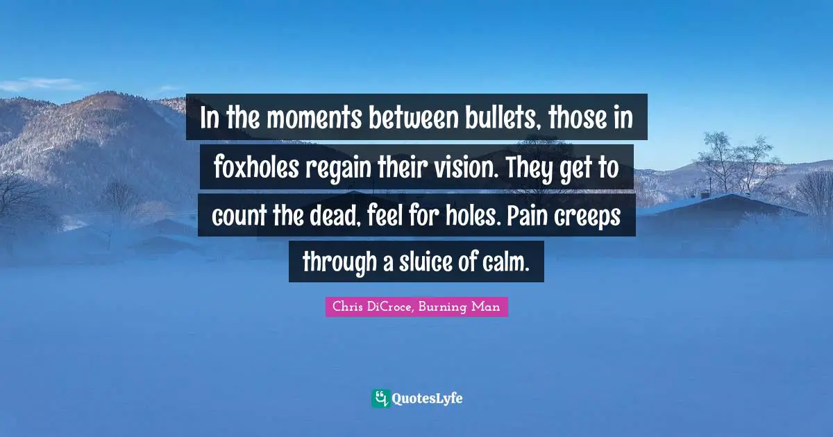 In the moments between bullets, those in foxholes regain their vision. They get to count the dead, feel for holes. Pain creeps through a sluice of calm.