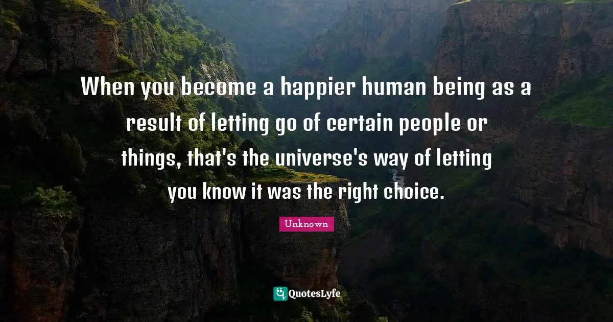 When you become a happier human being as a result of letting go of certain people or things, that's the universe's way of letting you know it was the right choice.