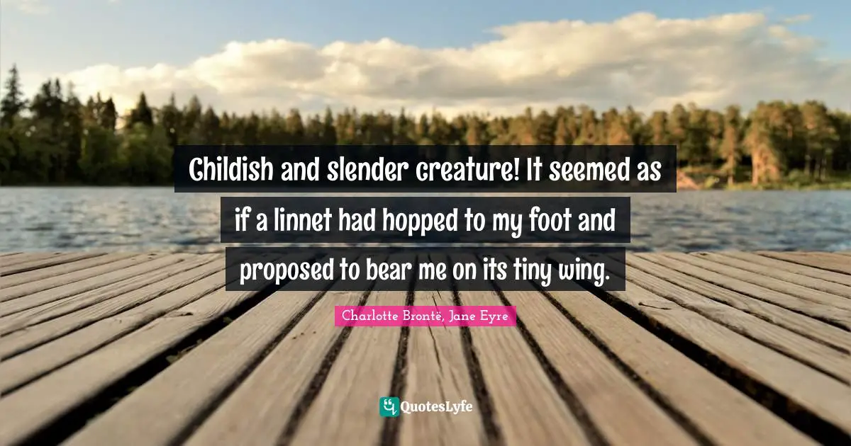 Childish and slender creature! It seemed as if a linnet had hopped to my foot and proposed to bear me on its tiny wing.