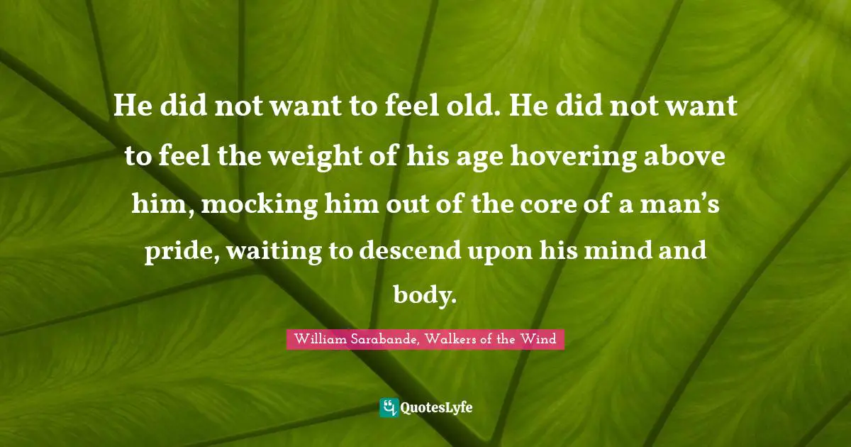 He did not want to feel old. He did not want to feel the weight of his age hovering above him, mocking him out of the core of a man’s pride, waiting to descend upon his mind and body.