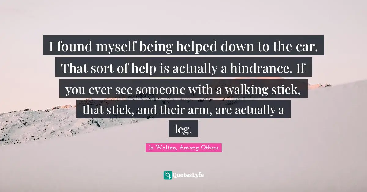 I found myself being helped down to the car. That sort of help is actually a hindrance. If you ever see someone with a walking stick, that stick, and their arm, are actually a leg.