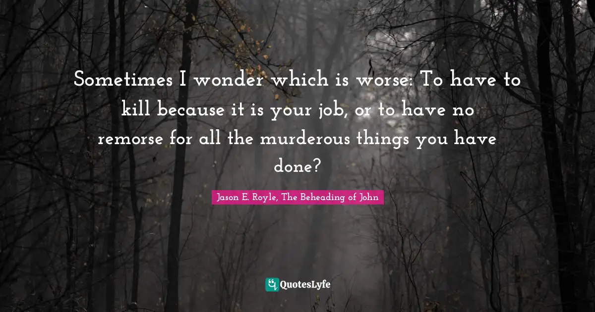 Sometimes I wonder which is worse: To have to kill because it is your job, or to have no remorse for all the murderous things you have done?