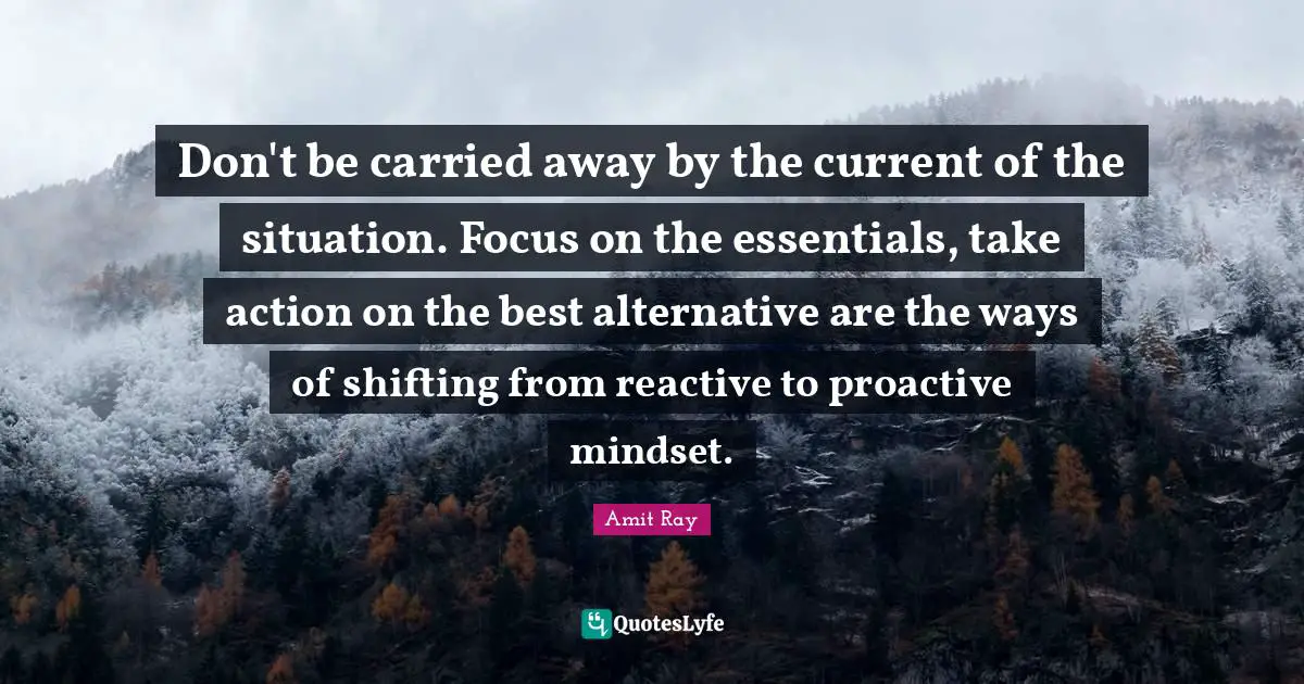 Reactive Quotes: "Don't be carried away by the current of the situation. Focus on the essentials, take action on the best alternative are the ways of shifting from reactive to proactive mindset."