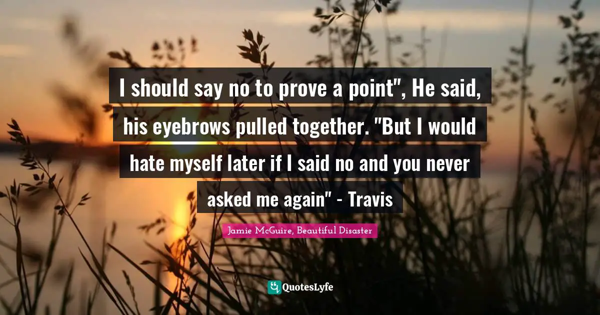 Jamie McGuire, Beautiful Disaster Quotes: "I should say no to prove a point", He said, his eyebrows pulled together. "But I would hate myself later if I said no and you never asked me again" - Travis"