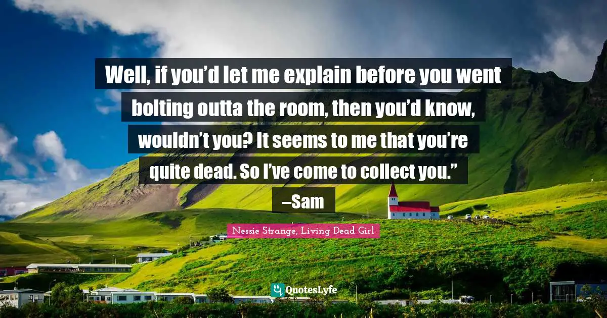 Well, if you’d let me explain before you went bolting outta the room, then you’d know, wouldn’t you? It seems to me that you’re quite dead. So I’ve come to collect you.” –Sam