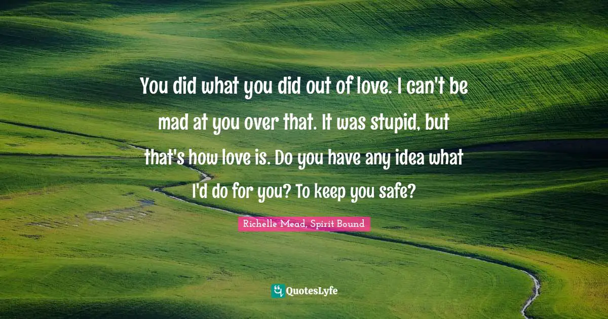 You did what you did out of love. I can't be mad at you over that. It was stupid, but that's how love is. Do you have any idea what I'd do for you? To keep you safe?