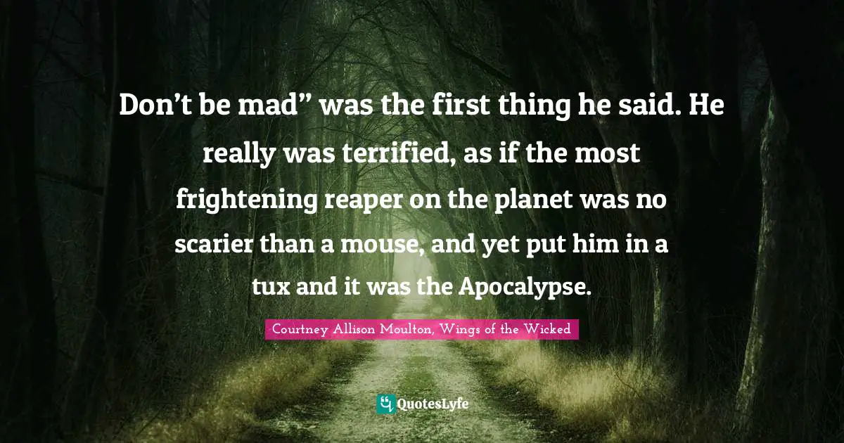 Don’t be mad” was the first thing he said. He really was terrified, as if the most frightening reaper on the planet was no scarier than a mouse, and yet put him in a tux and it was the Apocalypse.