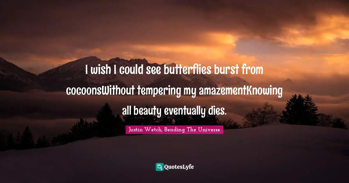 I wish I could see butterflies burst from cocoonsWithout tempering my amazementKnowing all beauty eventually dies.