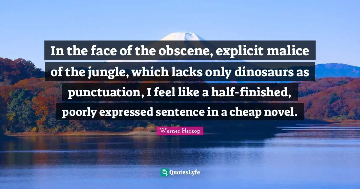In the face of the obscene, explicit malice of the jungle, which lacks only dinosaurs as punctuation, I feel like a half-finished, poorly expressed sentence in a cheap novel.