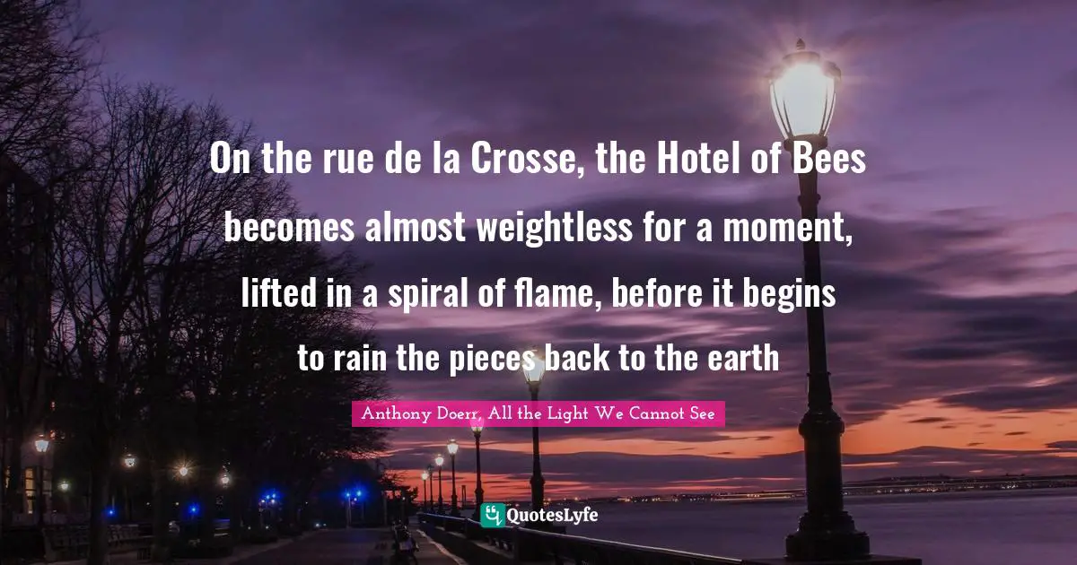 Anthony Doerr, All The Light We Cannot See Quotes: "On the rue de la Crosse, the Hotel of Bees becomes almost weightless for a moment, lifted in a spiral of flame, before it begins to rain the pieces back to the earth"