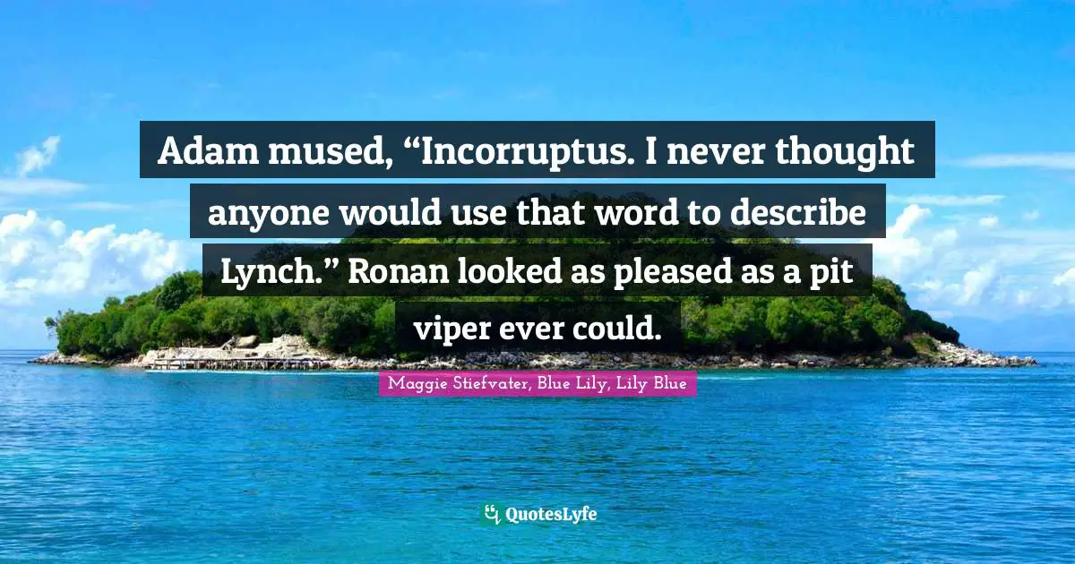 Maggie Stiefvater, Blue Lily, Lily Blue Quotes: Adam mused, “Incorruptus. I never thought anyone would use that word to describe Lynch.” Ronan looked as pleased as a pit viper ever could.